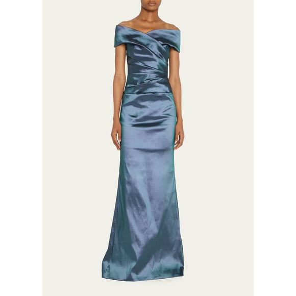RICKIE FREEMAN FOR TERI JON Off-Shoulder Ruched Taffeta Gown - Picture 1 of 9